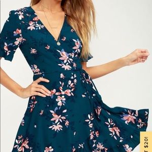 Lulus Dalton Teal Blue Floral Print Wrap Dress